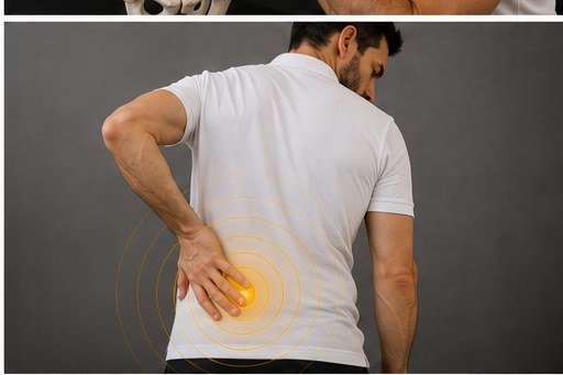 Persona con dolor lumbar señalando la zona baja de la espalda
