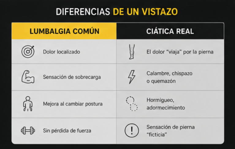 Tabla comparativa entre lumbalgia común y ciática real