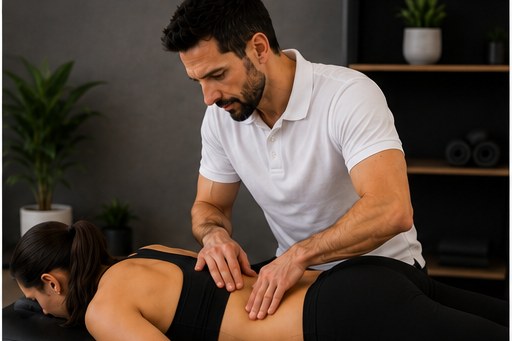 Fisioterapeuta aplicando terapia manual en la zona lumbar de una paciente