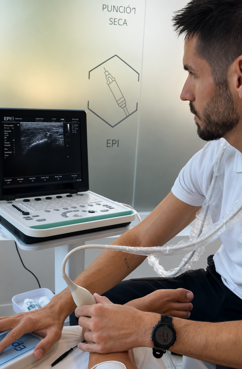 Fisioterapeuta realizando una ecografía musculoesquelética del pie en la clínica